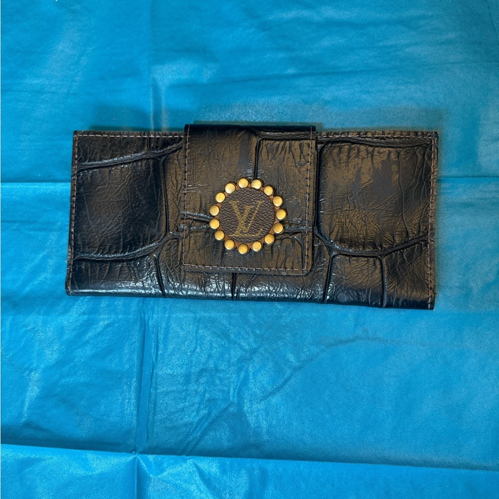 LV Black Croc-Embossed Leather Wallet with Gold Stud Accent